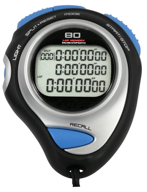 Digital stopwatch, precision 1/100 seconds, 80 memories